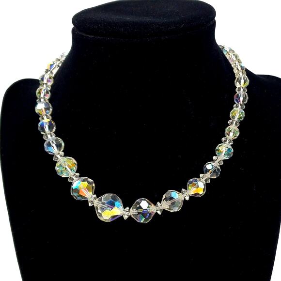 AB Crystal Beaded Necklace Graduated Faceted MCM 1960s Choker Aurora Borealis - Picture 1 of 6